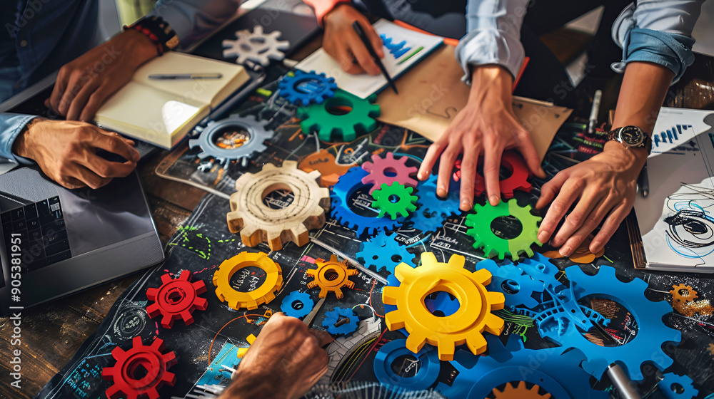 Creative Teamwork and Collaboration Concept with Hands Working on Colorful Gears and Mechanisms on a Desk Representing Innovation and Problem-Solving in Business