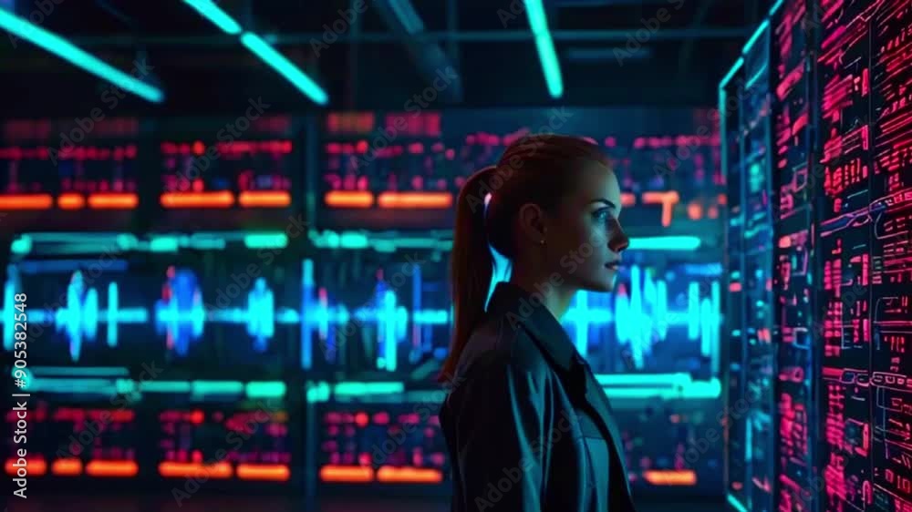 This is a video of a woman in a dark room with glowing screens. She is looking at a large screen with data and sound waves.