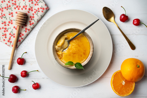 Fotografie Crema Catalana or La crème brûlée seen from an overhead perspective