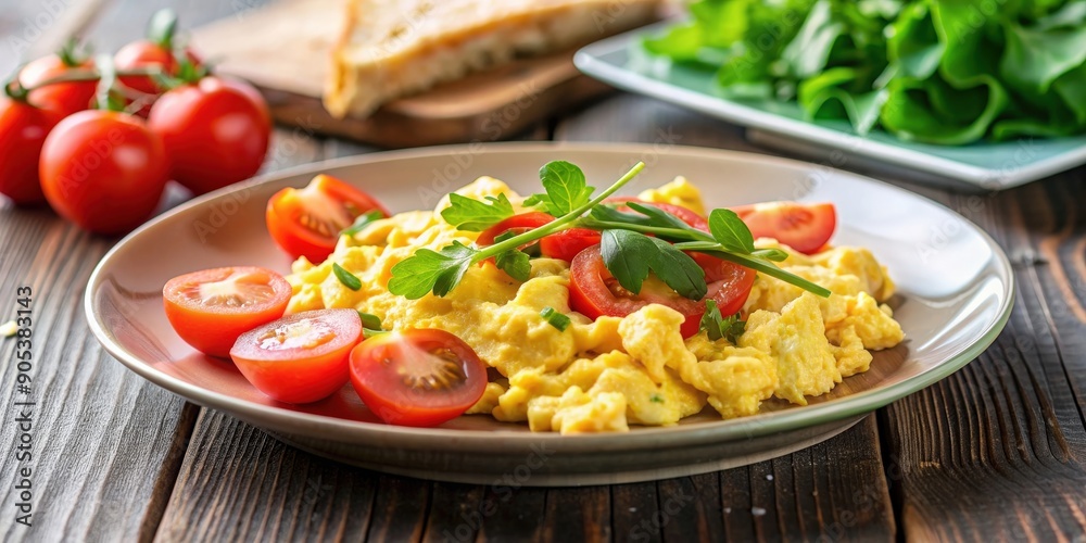 Scrambled eggs with tomato and salad on a plate, breakfast, healthy, delicious, homemade, protein, fresh, vegetables Scrambled eggs with tomato and salad on a plate, breakfast, healthy, delicious, homemade, protein, fresh, vegetables