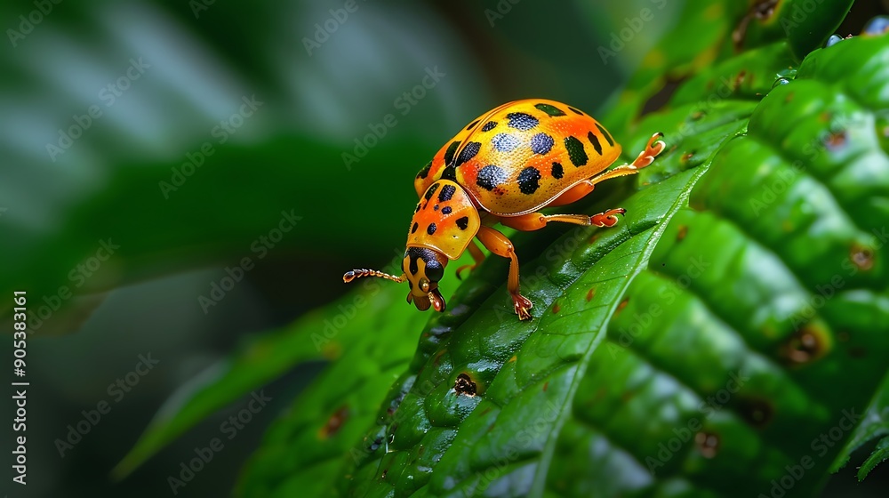Bright orange and yellow spotted ladybug perched on a lush green leaf Bright orange and yellow spotted ladybug perched on a lush green leaf