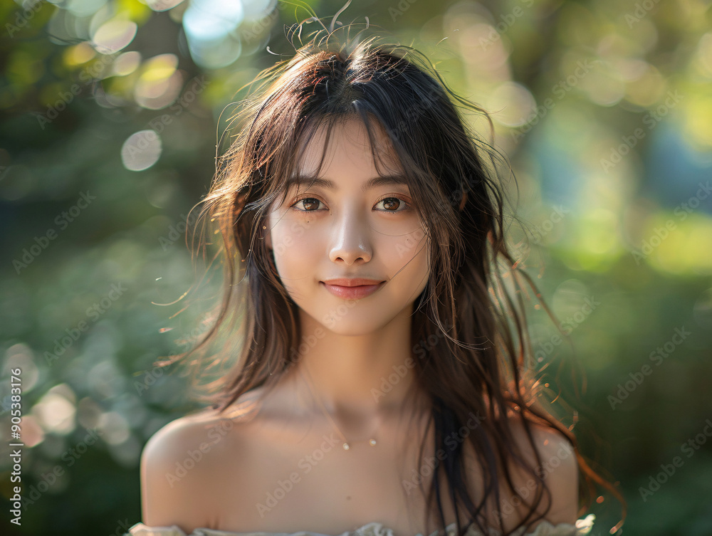 a young woman with long hair, wearing a colorful patterned top, standing in front of a blurred background with autumn leaves. a young woman with long hair, wearing a colorful patterned top, standing in front of a blurred background with autumn leaves.