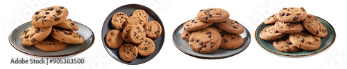 Set of Chocolate Chip Cookies on Plates collection cut out transparent isolated on white background PNG