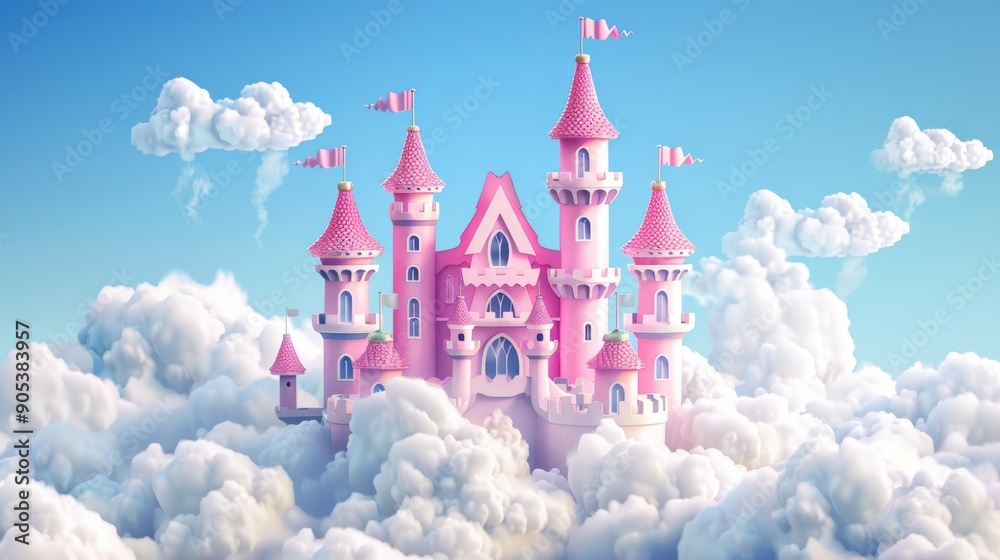 A castle is shown in the sky with clouds