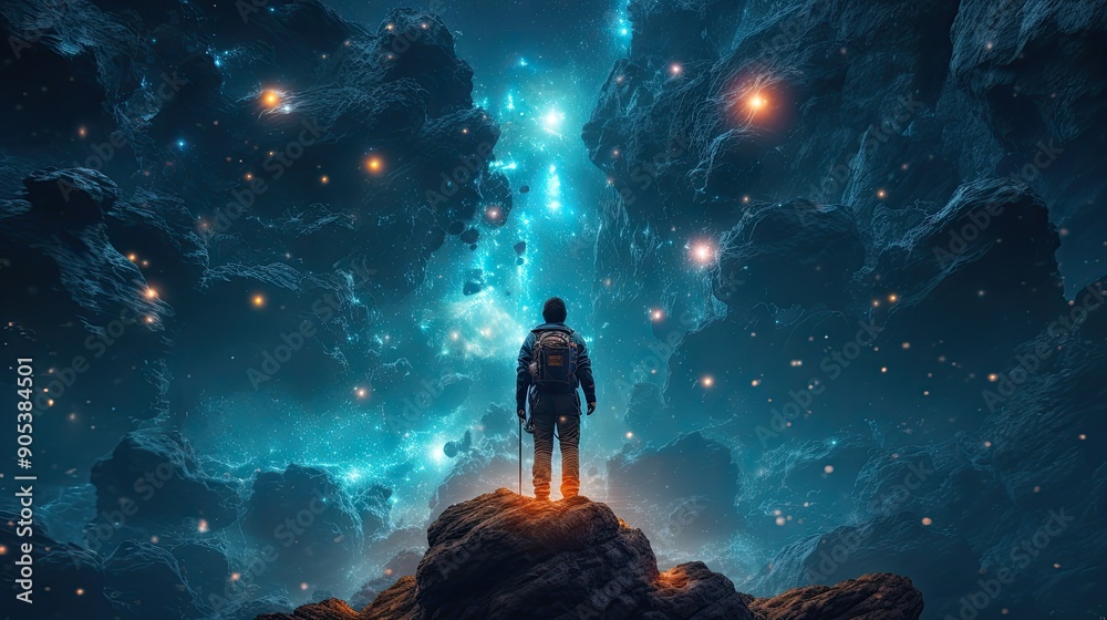 A Cosmic Journey of a Rock Climber Against an Enchanting Night Sky
