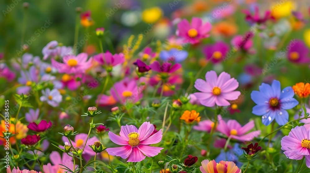 Vibrant Cosmos Flowers in a Summer Garden - Illustration Vibrant Cosmos Flowers in a Summer Garden - Illustration