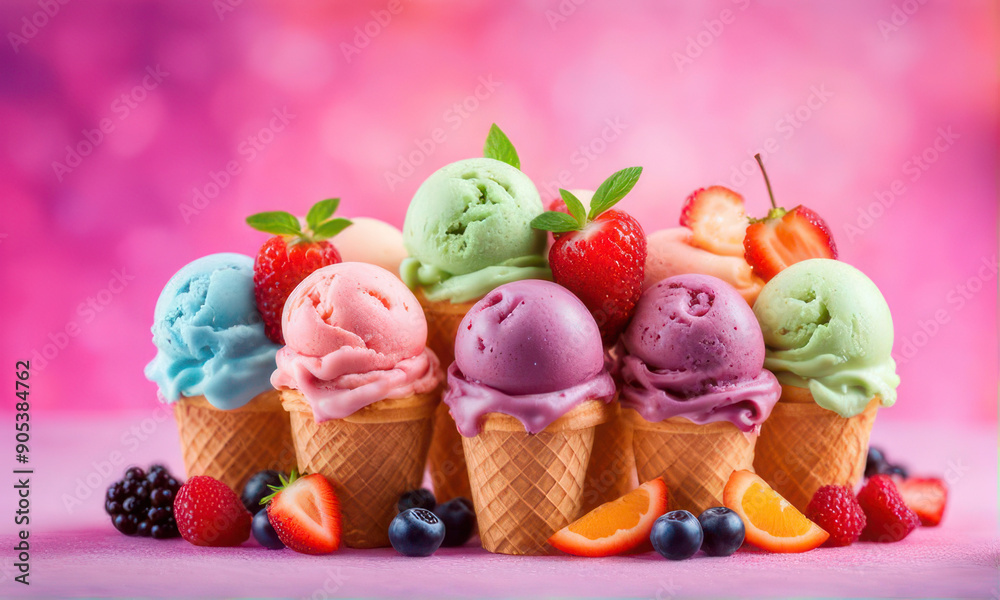 multi-colored delicious ice cream in cones on a blue sky background
multi-colored delicious ice cream in cones on a blue sky background