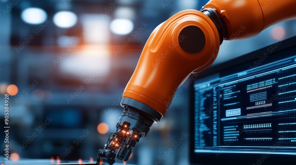 Fototapeta premium Collaborative workspace in a manufacturing office, team analyzing robotic arm, digital screens showing performance data, creative and industrial mix