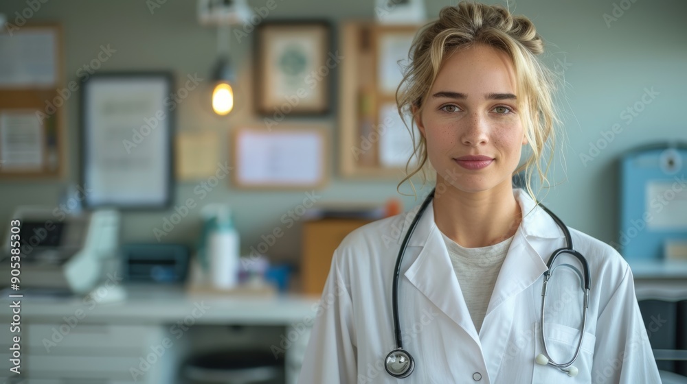 Female Healthcare Professional Standing in Modern Clinic Setting During Daytime. Generative AI Female Healthcare Professional Standing in Modern Clinic Setting During Daytime. Generative AI