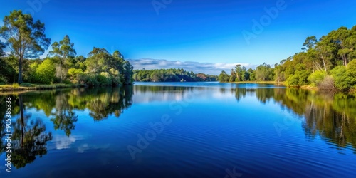 Clear blue sky above a tranquil lake surrounded by trees , nature, landscape, peaceful, serene, reflection, water, scenery