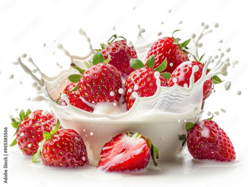 Strawberry Milk Splash: Fresh, ripe strawberries burst into a creamy white milk splash, capturing a delightful moment of pure indulgence and refreshment. Strawberry Milk Splash: Fresh, ripe strawberries burst into a creamy white milk splash, capturing a delightful moment of pure indulgence and refreshment.