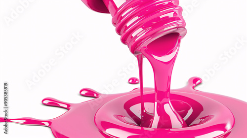 Hot pink nail polish pouring on white surface