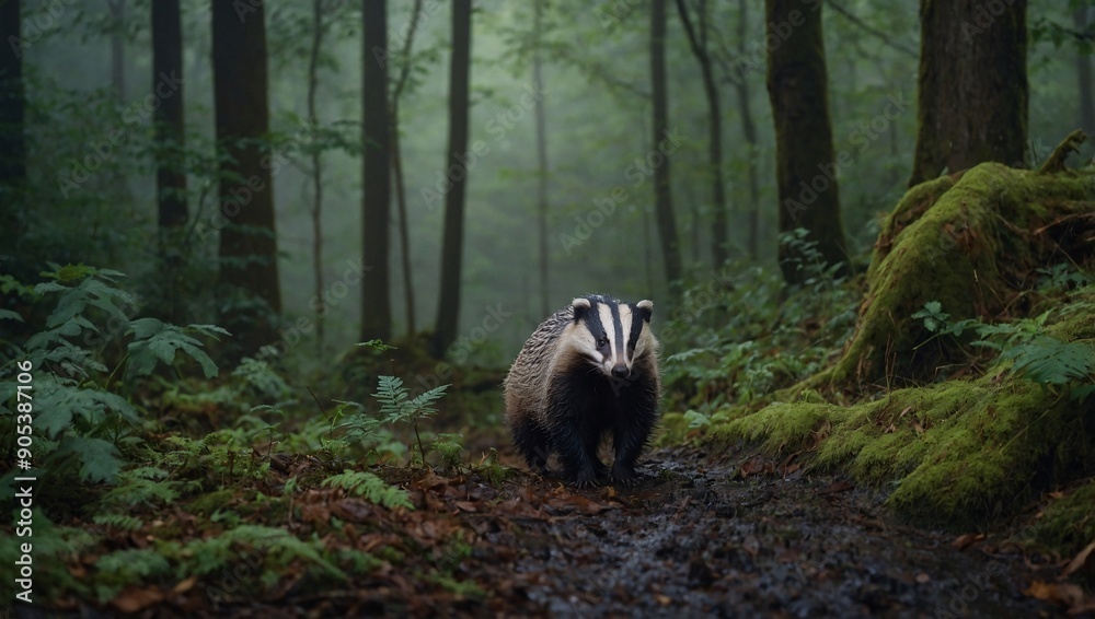 Rainy day in a German forest with wild badger, Meles meles, in its natural habitat Rainy day in a German forest with wild badger, Meles meles, in its natural habitat