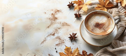 Autumn scene featuring a latte with a cinnamon stick, scattered leaves, and a cozy scarf on a white background ideal for seasonal relaxation and decor photo