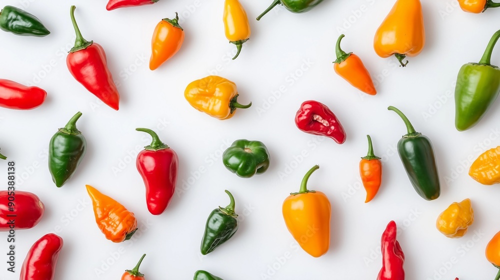 Flat lay of fresh ingredients,peppers on white countertop,Healthy food concept. Flat lay of fresh ingredients,peppers on white countertop,Healthy food concept.
