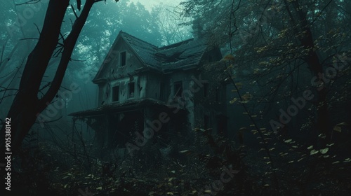 A dilapidated house stands shrouded in mist in a dense forest, its windows dark and empty. photo