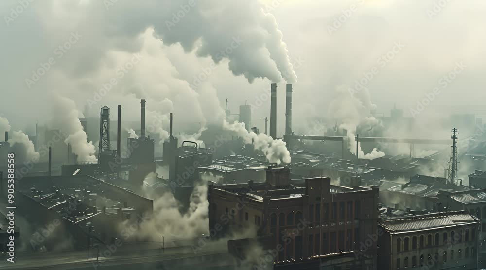 1880s steam engine era industrial factory with smokestacks producing coal fuel air pollution, industrial revolution 1.0 18th century, aerial view video footage.