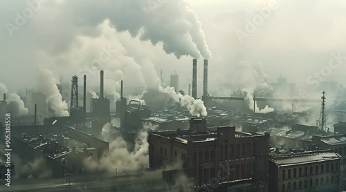 1880s steam engine era industrial factory with smokestacks producing coal fuel air pollution, industrial revolution 1.0 18th century, aerial view video footage.