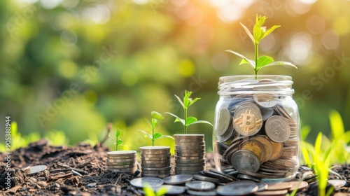 A glass jar filled with coins and a growing plant, symbolizing financial growth and investment.