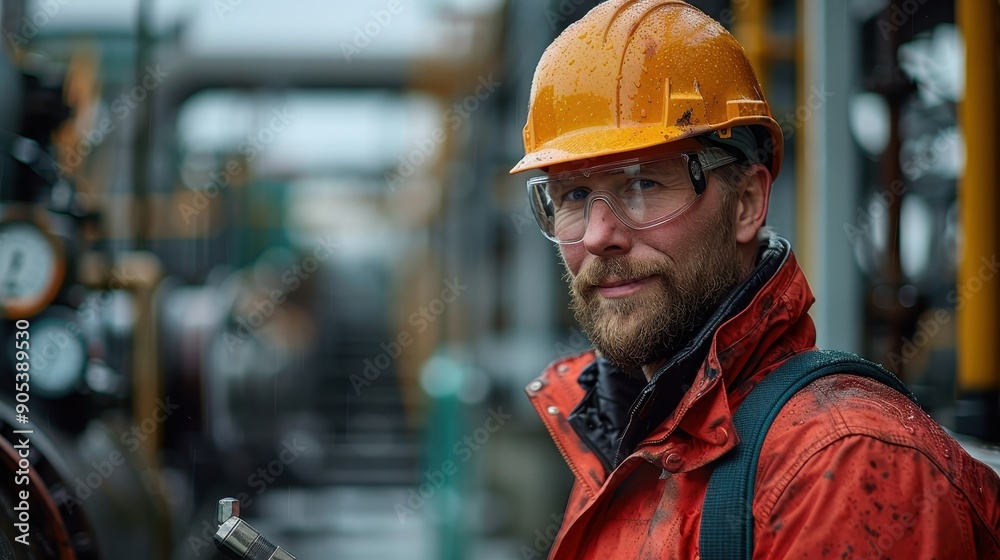 A hardworking man wearing an orange helmet and red rain jacket, drenched in rain, stands amidst an industrial setup focusing on his tasks with sheer determination. A hardworking man wearing an orange helmet and red rain jacket, drenched in rain, stands amidst an industrial setup focusing on his tasks with sheer determination.