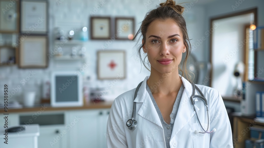 Young Female Doctor in White Coat With Stethoscope in Bright Medical Office. Generative AI Young Female Doctor in White Coat With Stethoscope in Bright Medical Office. Generative AI