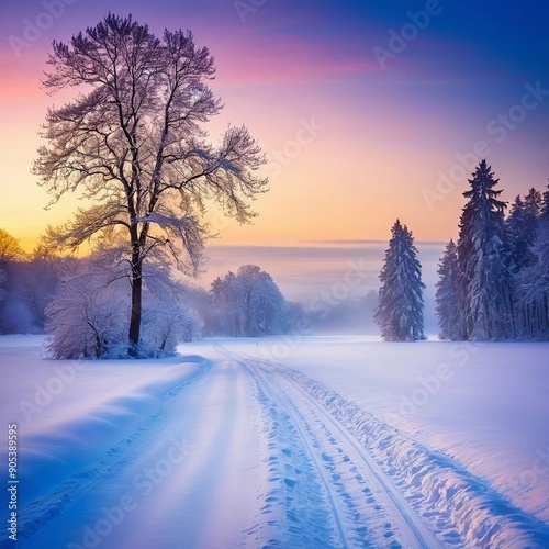 A frozen road in the middle of a forest covered with snow on a cold winter day