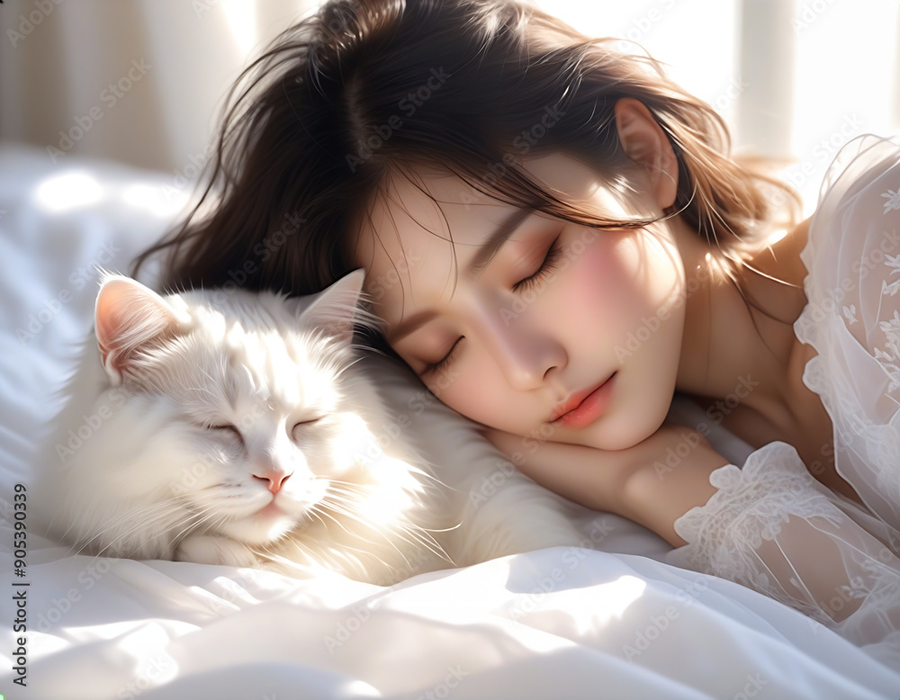 A beautiful woman and a cat sleeping in bed with the morning sun streaming in. Beautiful bare face, white sheets. 朝日の差し込むベッドで寝ている綺麗な女性と猫。美しい素顔、白いシーツ。 A beautiful woman and a cat sleeping in bed with the morning sun streaming in. Beautiful bare face, white sheets. 朝日の差し込むベッドで寝ている綺麗な女性と猫。美しい素顔、白いシーツ。