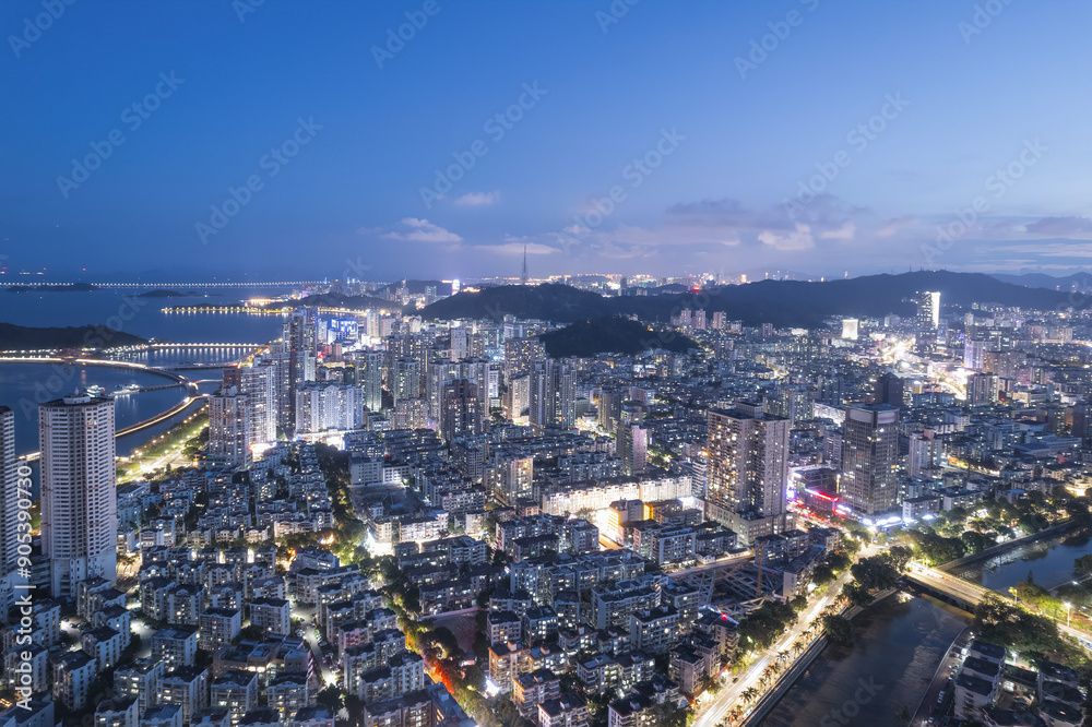 Aerial photography of Zhuhai city coastline at night Aerial photography of Zhuhai city coastline at night