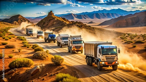 Auto-moto races on impassable terrain of off-road vehicles, cross-country, Paris-Dakar highway, speed, speed, sand photo