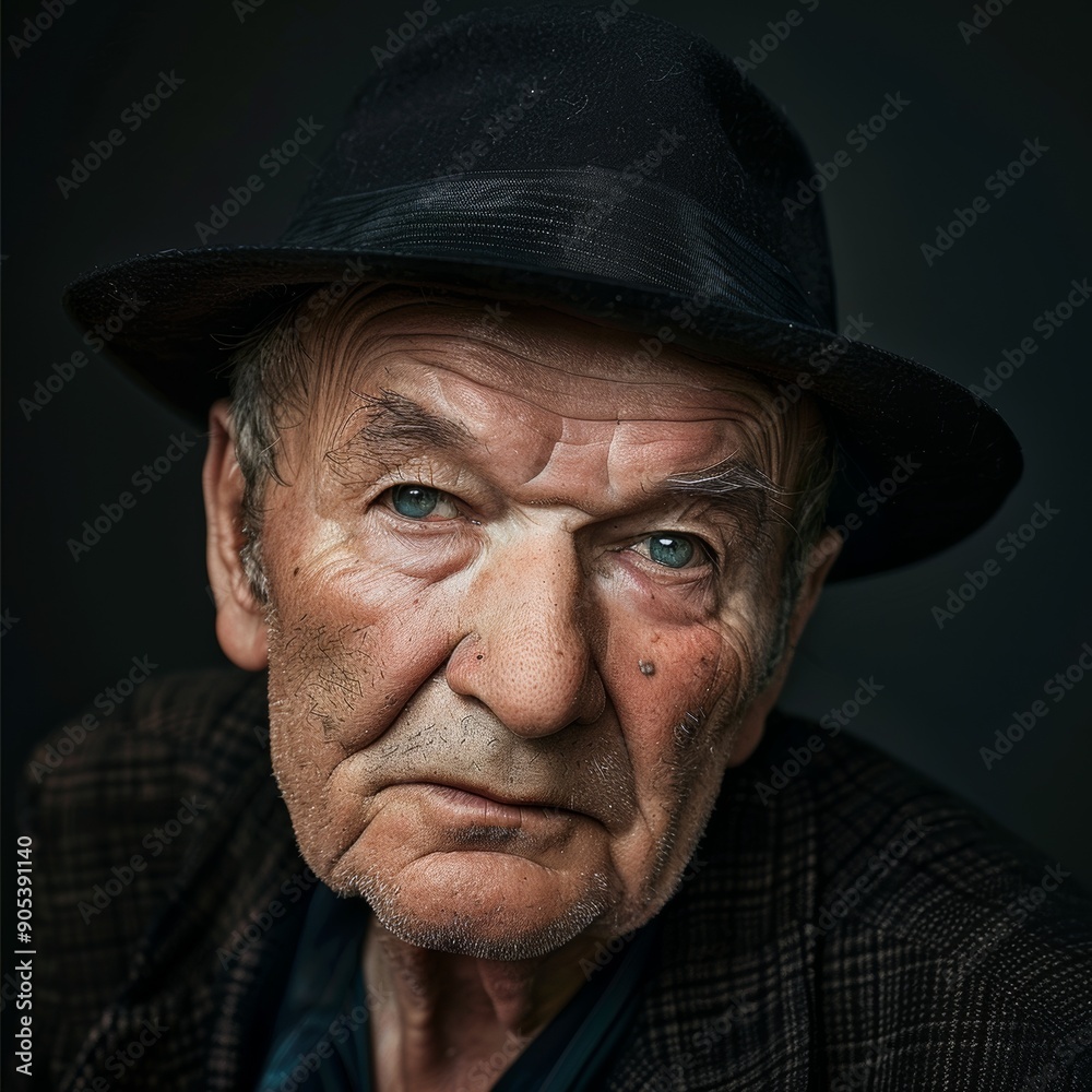 sharp photo of a senior man wearing a black hat, looking directly at the camera with a confident sharp photo of a senior man wearing a black hat, looking directly at the camera with a confident