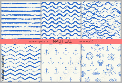 Nautical pattern set with stripes, waves, anchors, chevron zigzag, boat, shell, fish, wheel.
