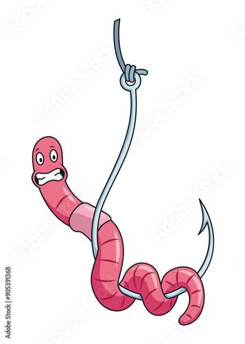Cute worm character on hook. Fishing leisure icon. Funny symbol on fishing hook in cartoon style. Vector illustration