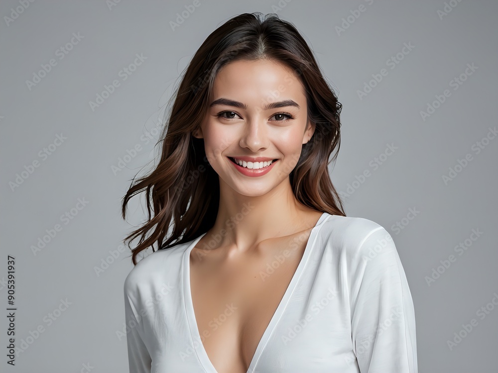 Portrait of a beautiful young woman with long brown hair smiling at the camera. Portrait of a beautiful young woman with long brown hair smiling at the camera.