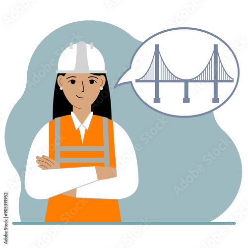 A female civil engineer makes plans in her mind for designing a bridge in an air bubble. The concept of civil engineering and construction. Vector flat illustration