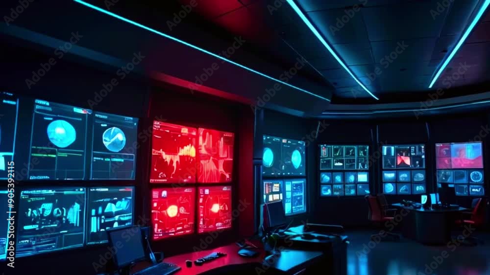 This is a room with many large screens displaying data and a control panel with a computer. This is a room with many large screens displaying data and a control panel with a computer.