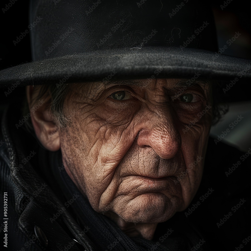 Capturing dignified gaze of a senior man in a black hat as he looks into the camera Capturing dignified gaze of a senior man in a black hat as he looks into the camera