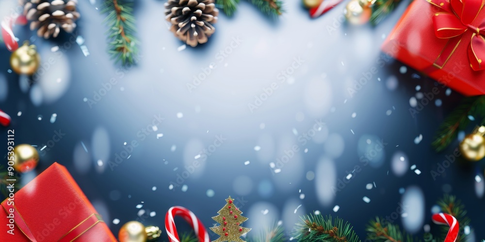 Christmas frame with red gifts, pine cones, and ornaments on a snowy background. Ideal for holiday cards and winter promotions. Christmas frame with red gifts, pine cones, and ornaments on a snowy background. Ideal for holiday cards and winter promotions.