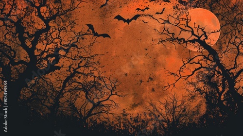 A spooky Halloween backdrop with a blood-red moon, bare trees, and bats flying overhead.