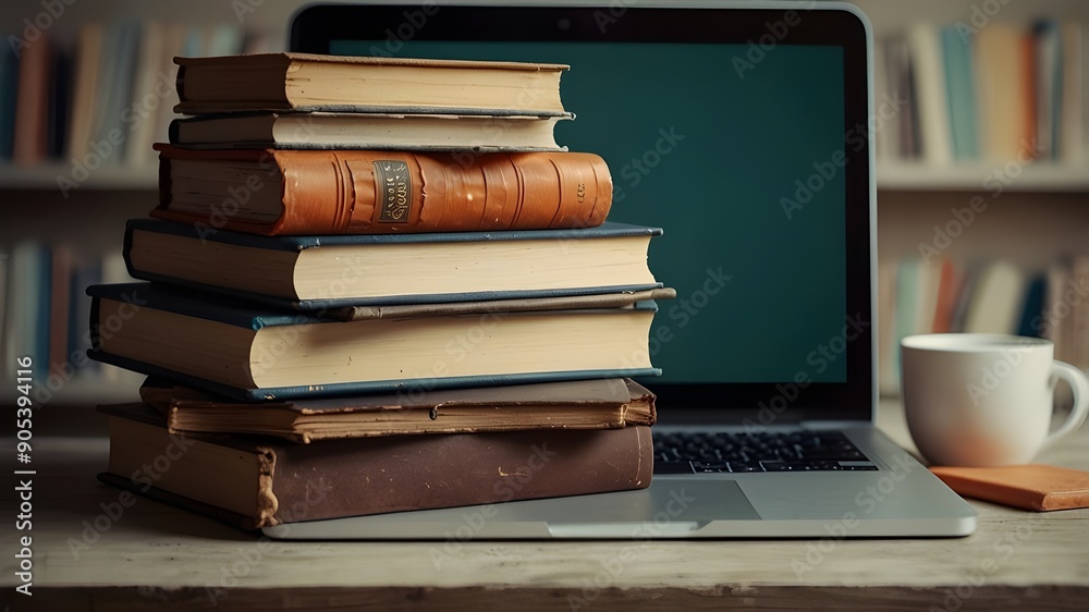 neat stack of books on a desk with a laptop. Concept of e-learning neat stack of books on a desk with a laptop. Concept of e-learning