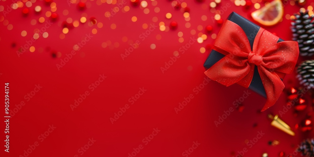 Black gift box with a red bow and pine cones on a red background. Ideal for holiday cards and festive promotions. Black gift box with a red bow and pine cones on a red background. Ideal for holiday cards and festive promotions.