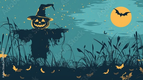 A spooky scarecrow with a jack-o-lantern head stands in a field under a full moon and a flying bat. photo