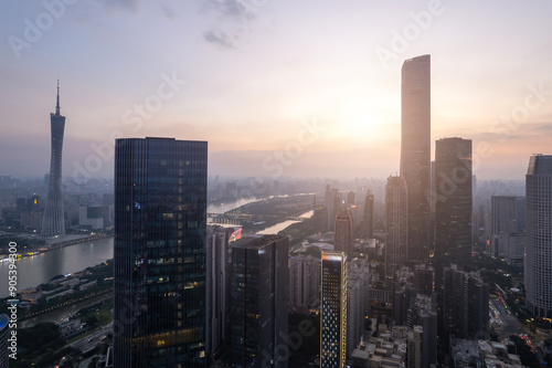 Aerial photography of Guangzhou city center skyline at night