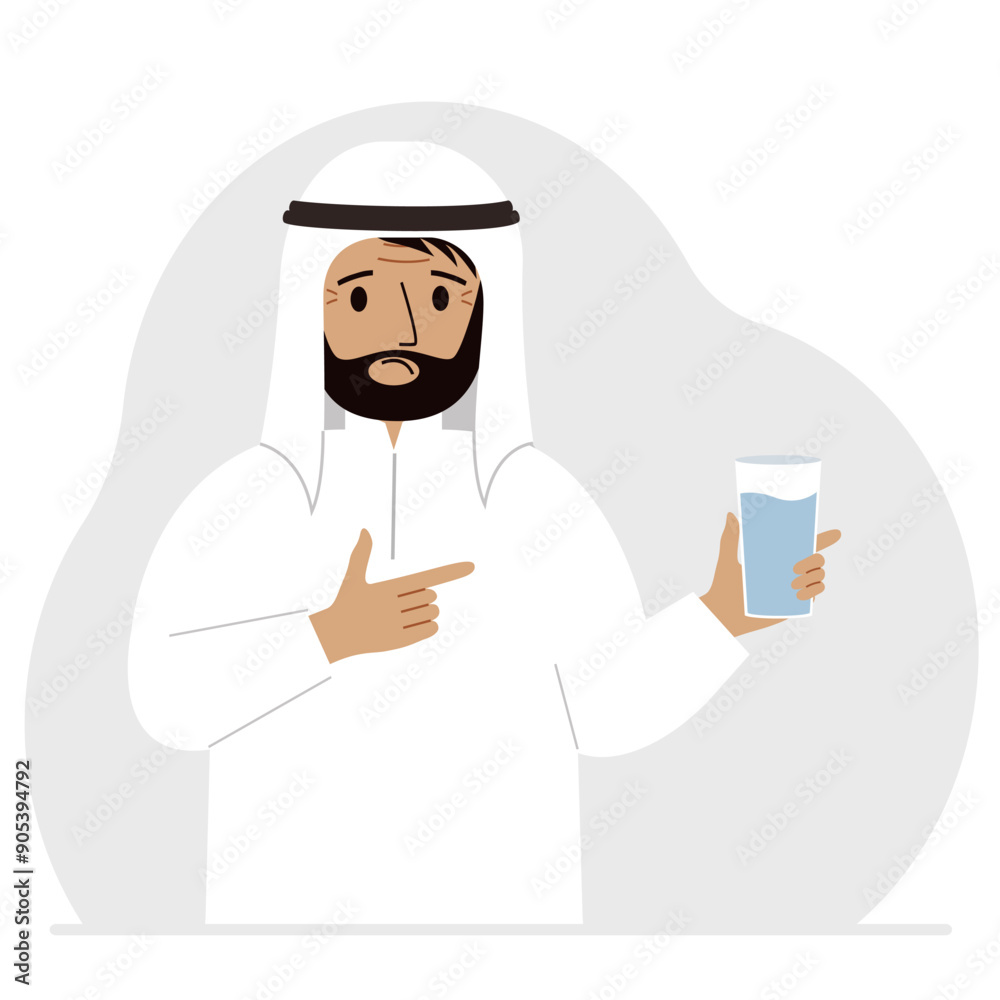 A man holds a glass of water in his hand. The concept of water balance and health. Vector flat illustration A man holds a glass of water in his hand. The concept of water balance and health. Vector flat illustration