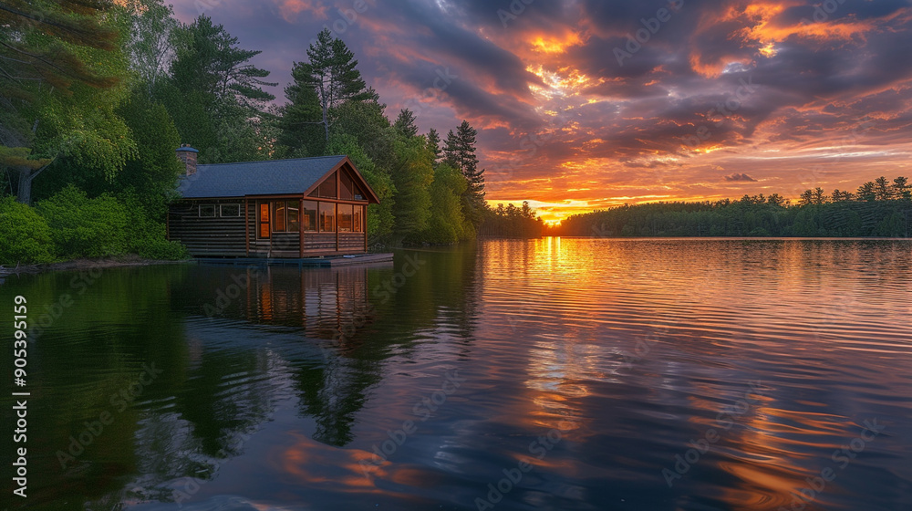 A serene lakeside cabin engulfed in the warm hues of a setting sun, with the tranquil water reflecting the vibrant sky. A serene lakeside cabin engulfed in the warm hues of a setting sun, with the tranquil water reflecting the vibrant sky.