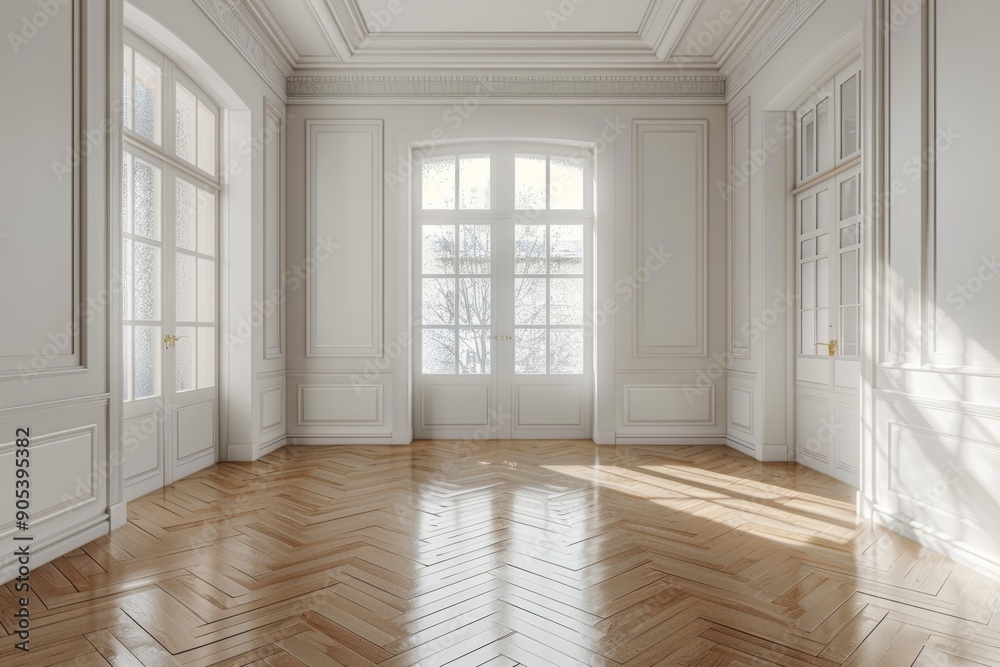 Obraz premium Top view of empty scandinavian style interior room, white wall and parquet floor, Generative AI
