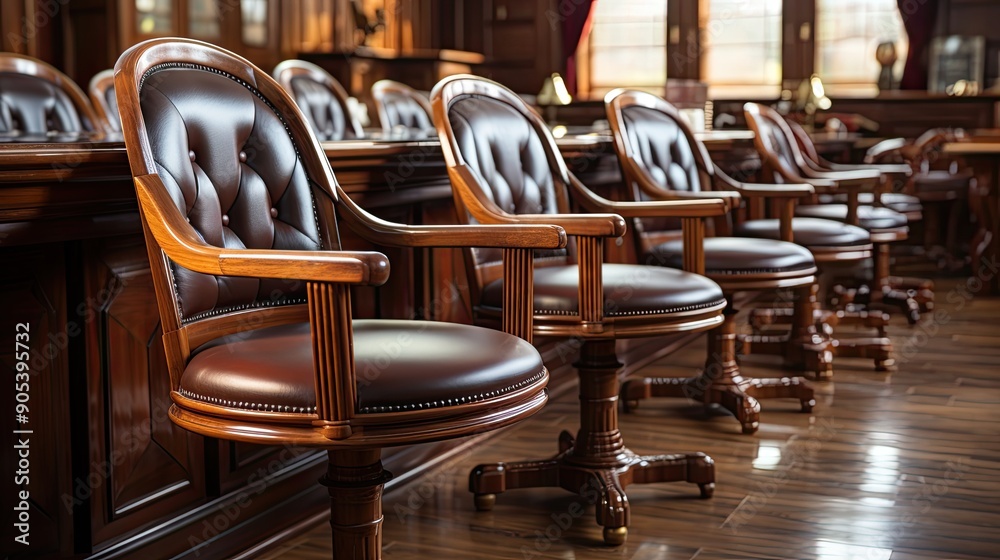 A witness stand with a black seat in the court room infront of tribunal when witness testify of evidence to judge, they will sit at here for testimony of witnesses, it is vintage or retro style  