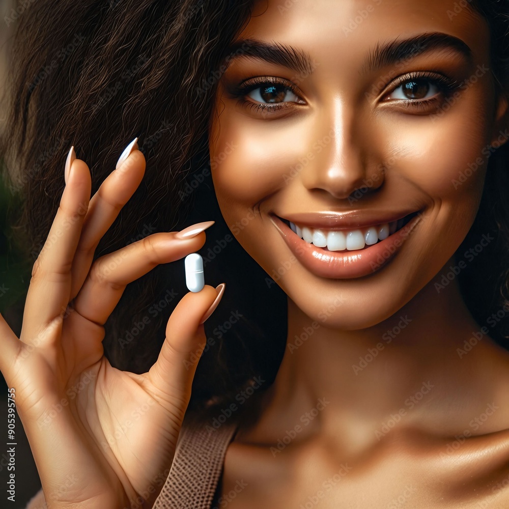 Woman holds white supplement or pill with a bright smile, commitment to daily health and fitness. Well-being and a healthy lifestyle. Health as a priority. Fitness. Generative AI Woman holds white supplement or pill with a bright smile, commitment to daily health and fitness. Well-being and a healthy lifestyle. Health as a priority. Fitness. Generative AI