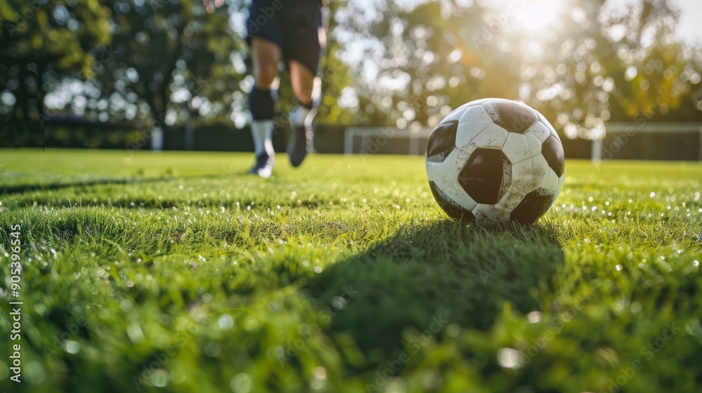 Player running with the ball on a grass field generative ai