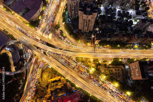 Aerial photography of Guangzhou city center roads and bridges at night