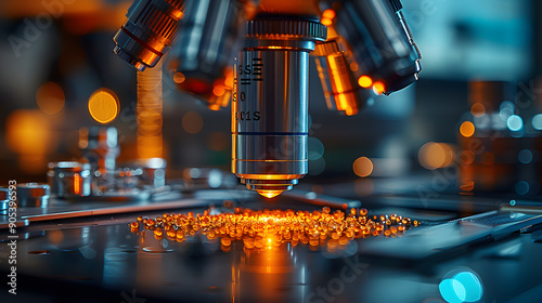 Close-up of a microscope lens focused on tiny particles, representing advanced scientific research and innovation in nanotechnology.